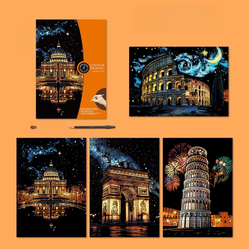 Kit de 4 tableaux à gratter laser A3, motifs paysages nocturnes urbains colorés, avec outils, art de