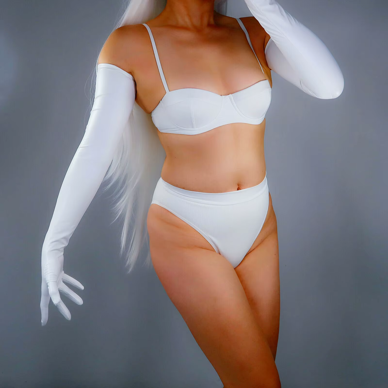 Gants en Latex blanc brillant, Faux cuir, caoutchouc, extensible, très fin, 70cm, LONG, ajusté, mode