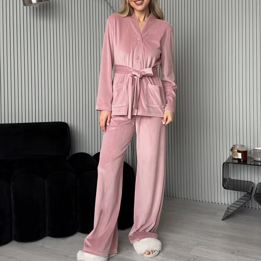 Pyjama Cardigan tricoté en velours, manches longues, pantalon Long, ensemble deux pièces, vêtements