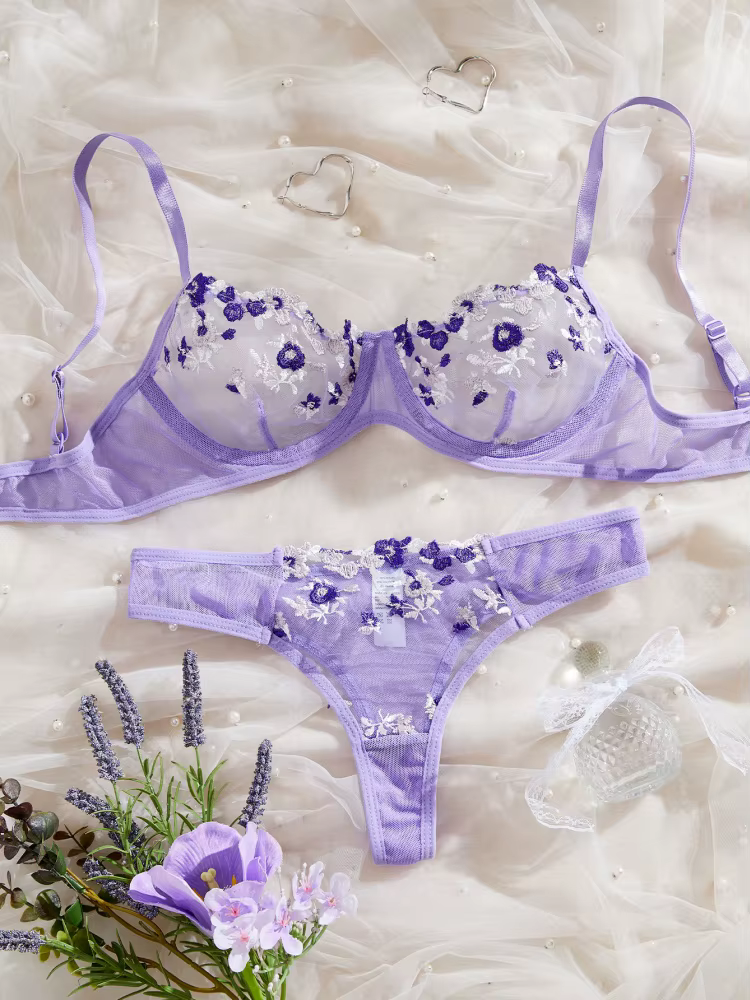 Lingerie pour la Saint-Valentin Ultra sexy avec broderie de fleurs jaunes, ensemble soutien-gorge et
