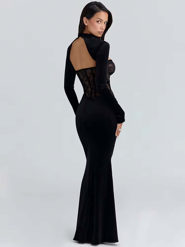 Mozision – robe Maxi Sexy en dentelle pour femmes, manches longues, dos nu, élégante, imprimée, épau