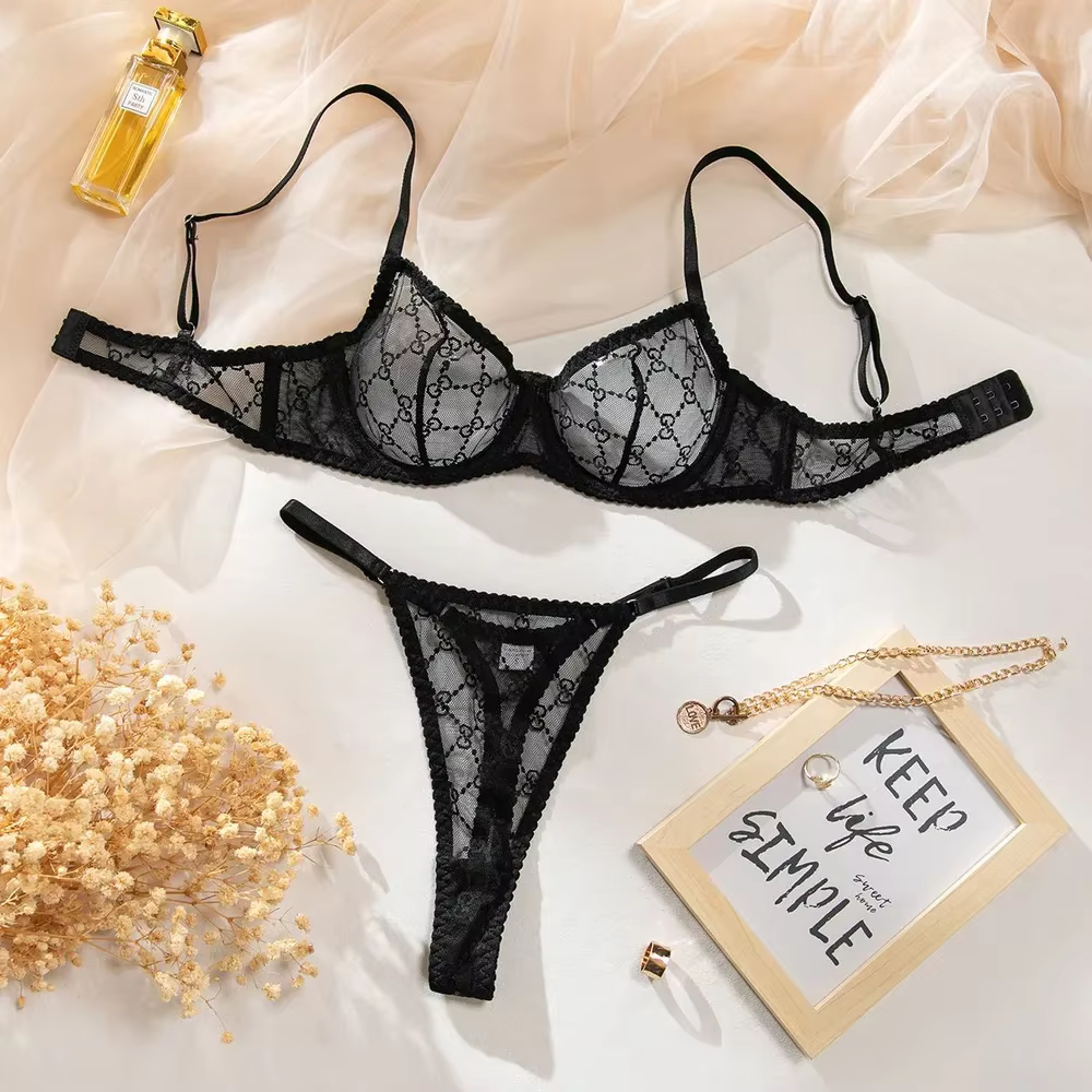 Ensemble soutien-gorge Push Up et slip à bretelles fines noires, sous-vêtements pour femmes, Lingeri