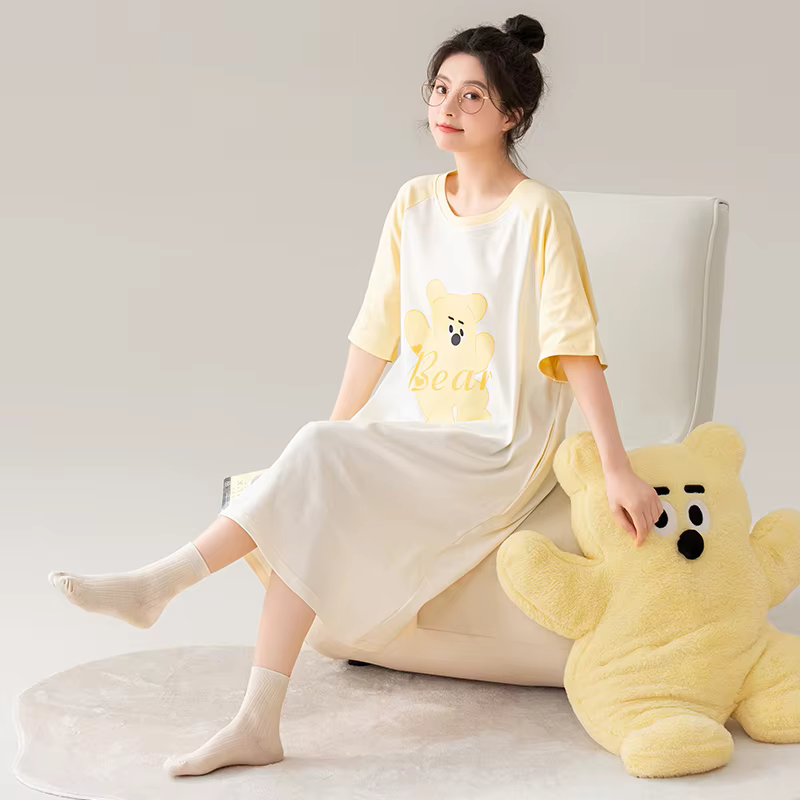 Chemise de nuit 100% coton pour femme, robe de nuit Kawaii, col rond, jupe de nuit, mode douce, haut