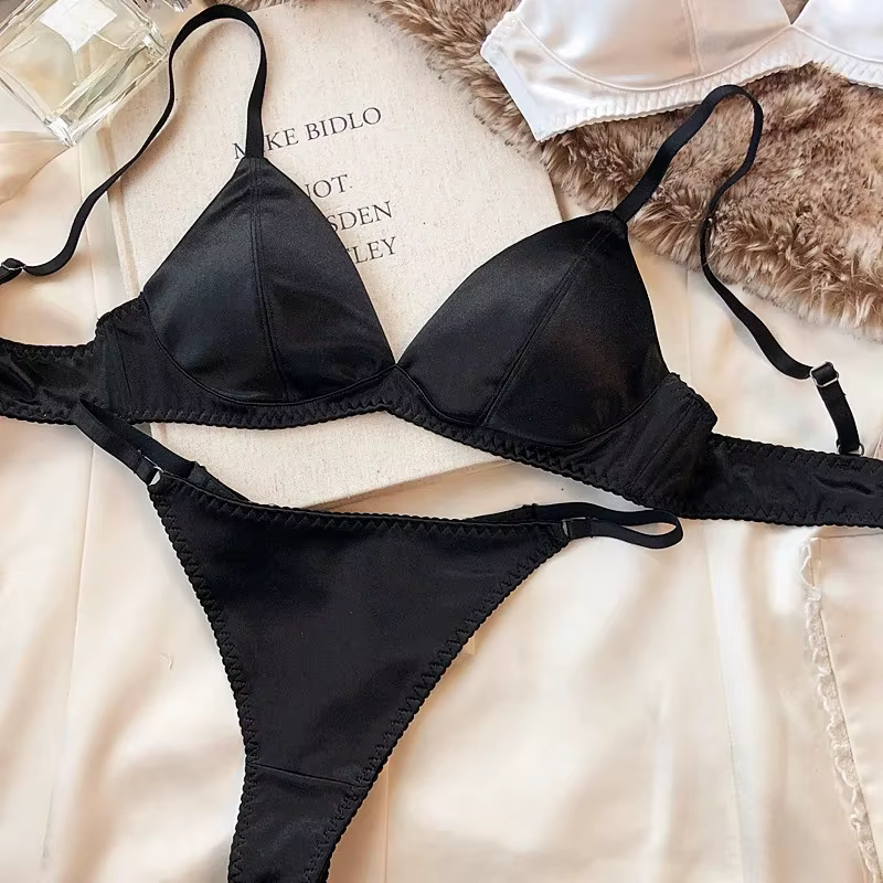 Ensemble de sous-vêtements sexy en soie pour femmes, soutiens-gorge sans fil, bralette française, so
