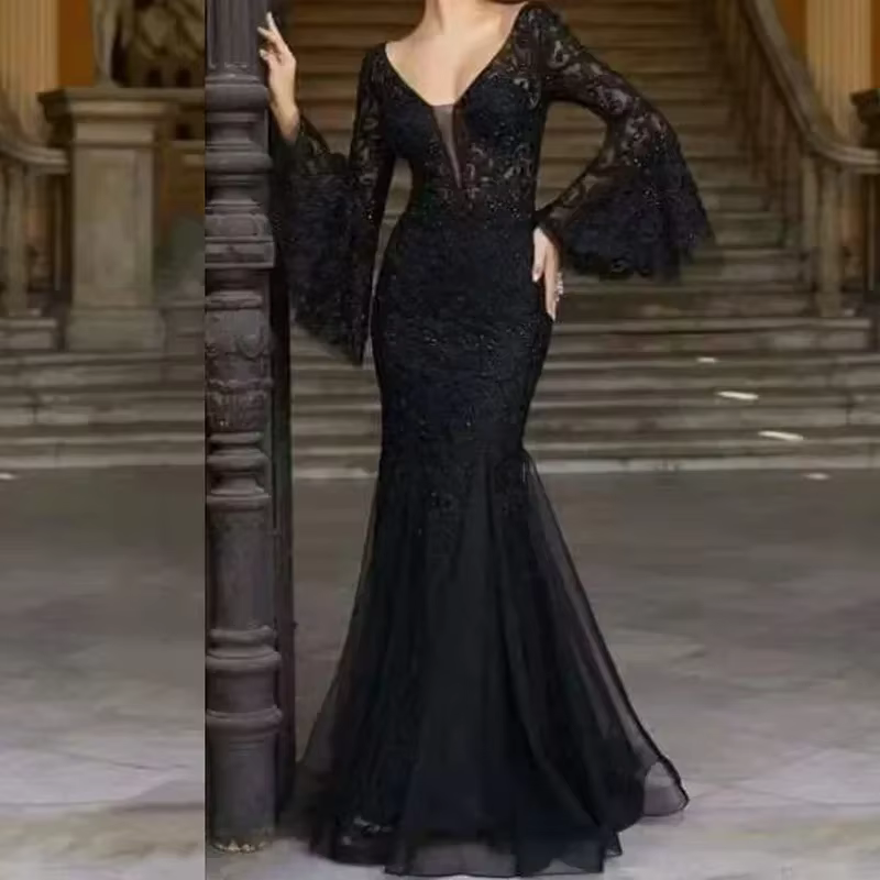 Robe longue élégante en dentelle pour femme, col en V, manches évasées, idéale pour mariage, soirée,