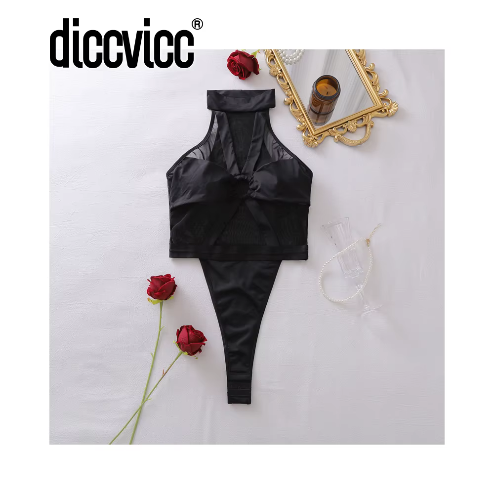 Diccvicc Bodies Combinaison Femme Halter en Maille Transparente, Lingerie Sexy, Robe de Nuit Érotiqu