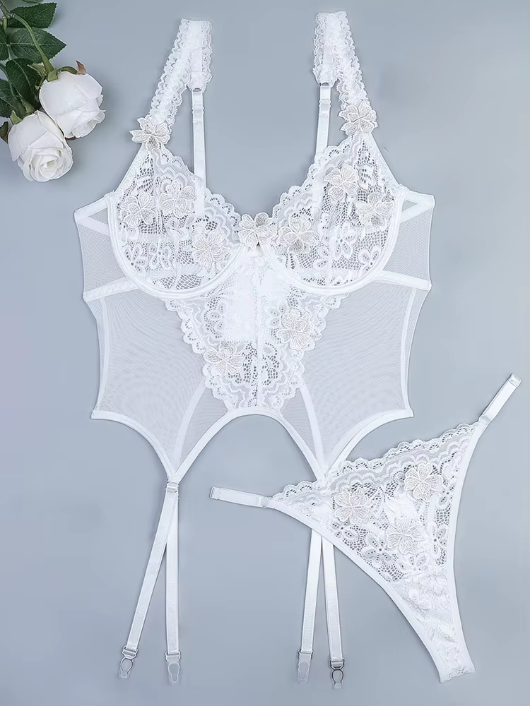 Belamimi – Lingerie florale brodée, ensemble haut et culotte sexy en dentelle transparente avec appl