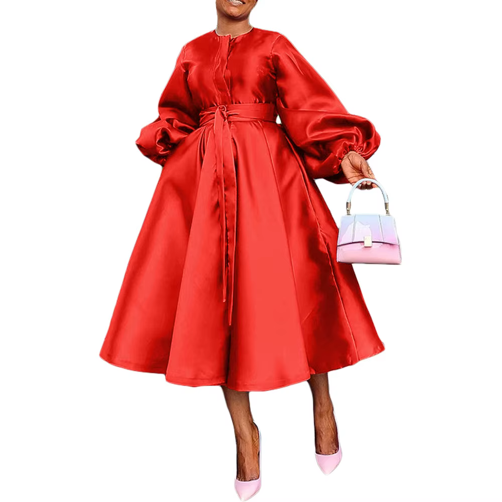 Robe de soirée africaine pour femmes élégantes 2024 Automne Manches longues lanterne O-cou Midi Robe