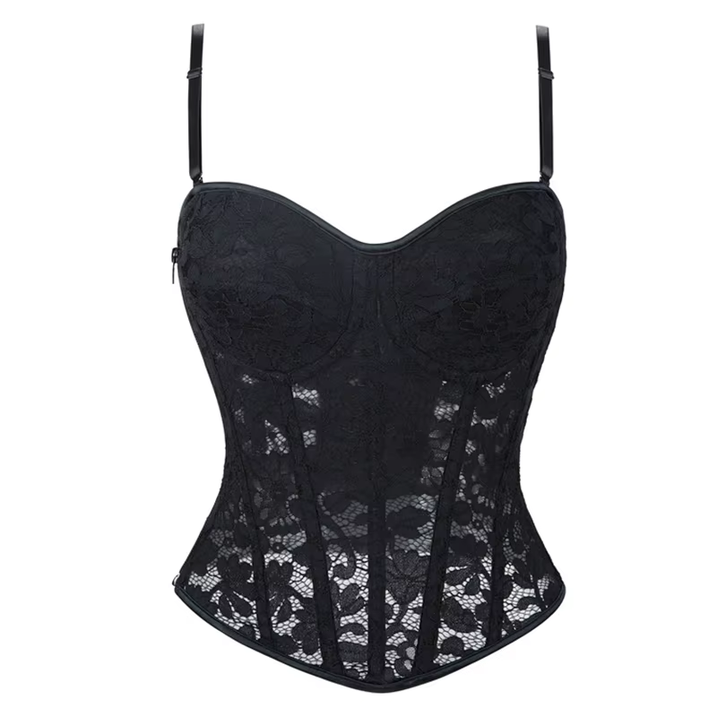 Femmes dentelle florale haut Corset Sexy noir maille Transparent soutien-gorge côté Zip Bustier gile