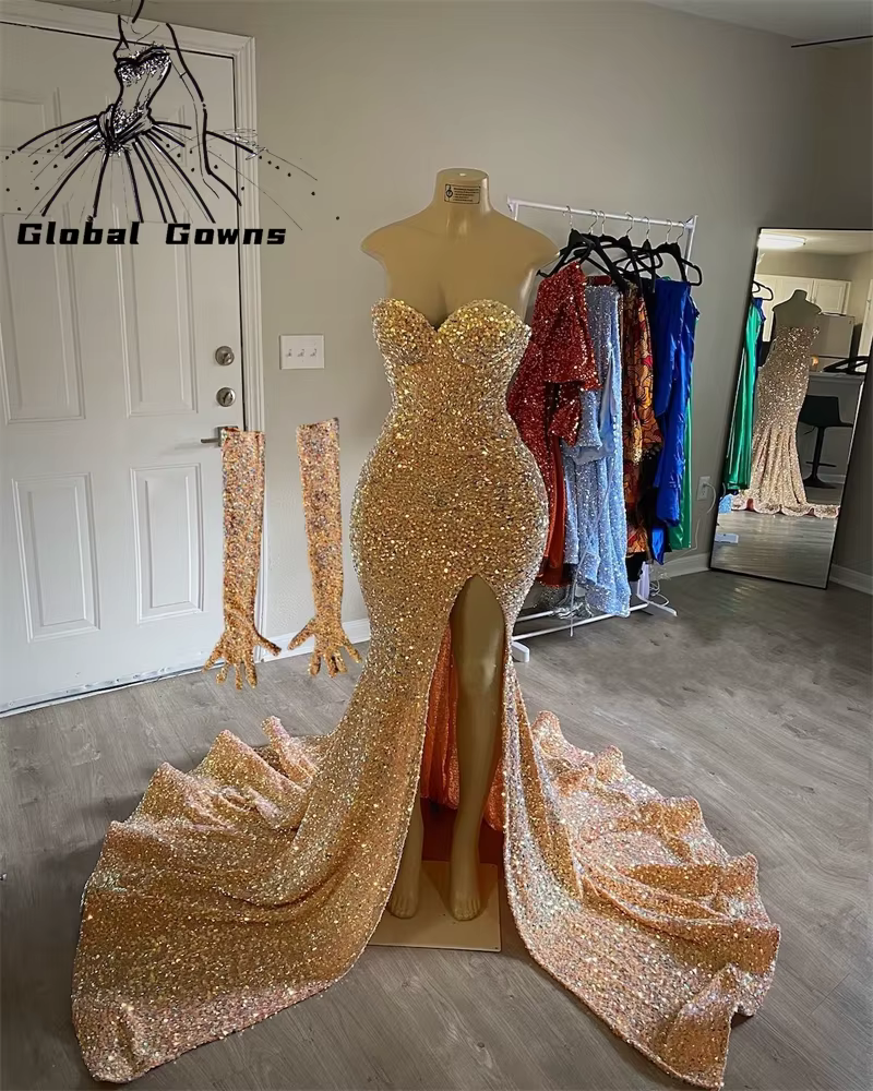 Robe de Soirée Longue Noire à Paillettes pour Fille, Tenue Élégante Personnalisée avec Fente Haute,
