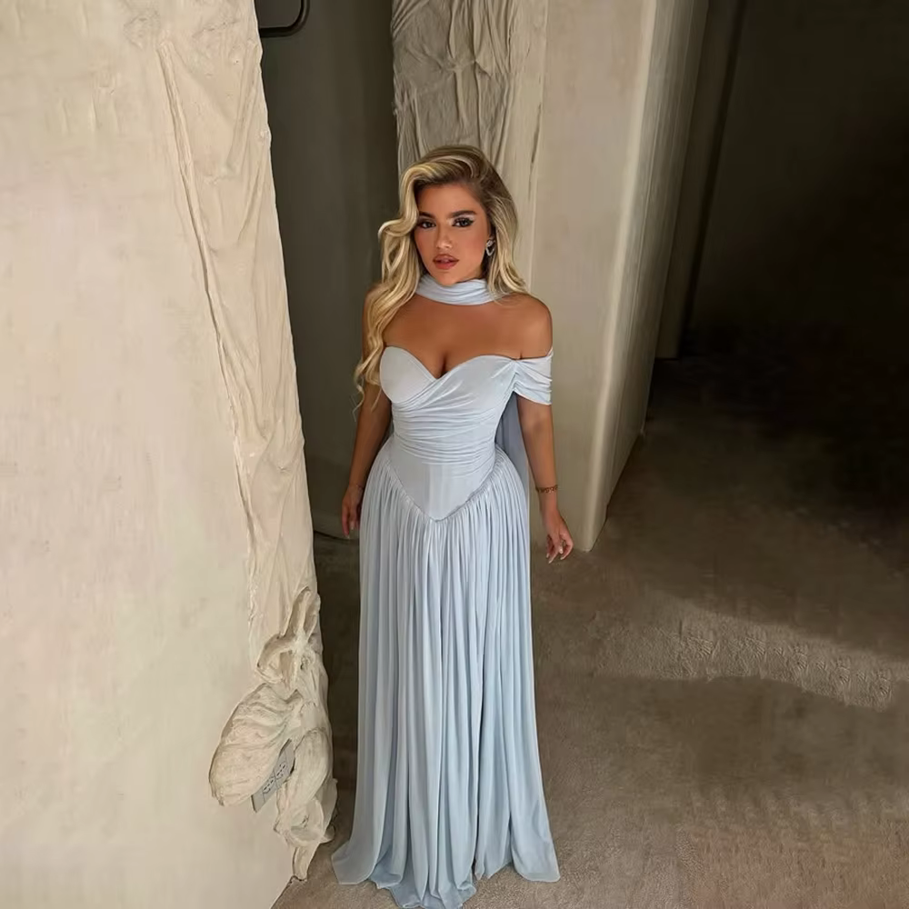 Robe de soirée bleu clair avec écharpe col en cœur une ligne en mousseline de soie robes de soirée s