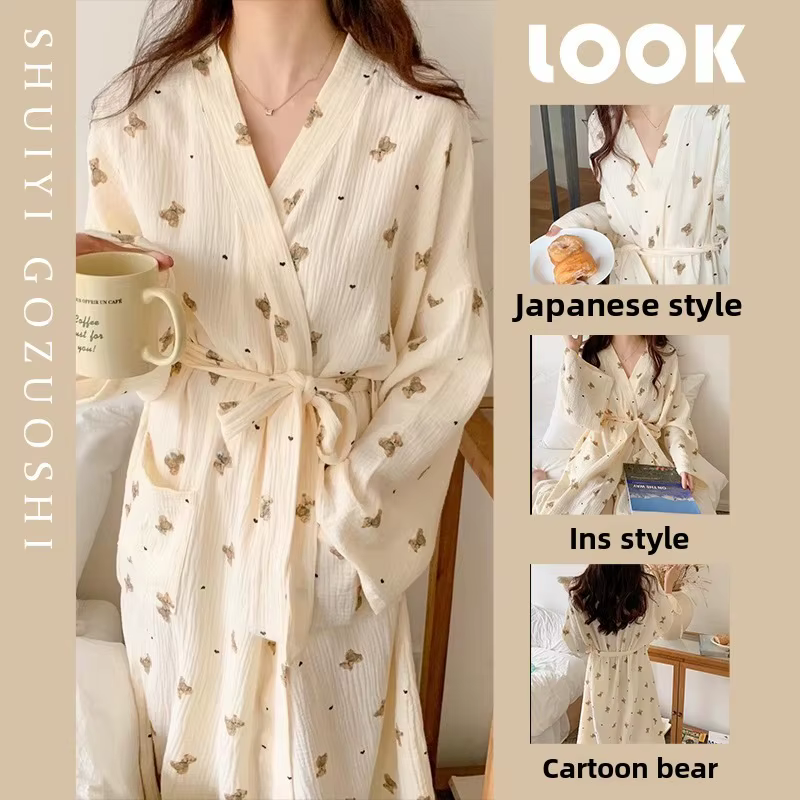 Femmes Robe de bain dessin animé mignon ours imprimé peignoir chemise de nuit Cardigan à manches lon