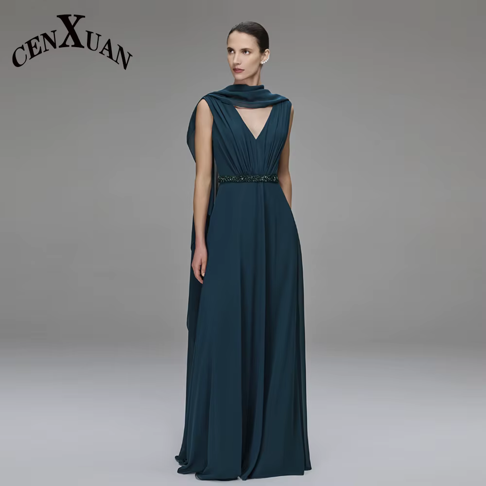 CENXUAN Robes de soirée élégantes à col en V en mousseline de soie, coupe trapèze, avec châle, pour
