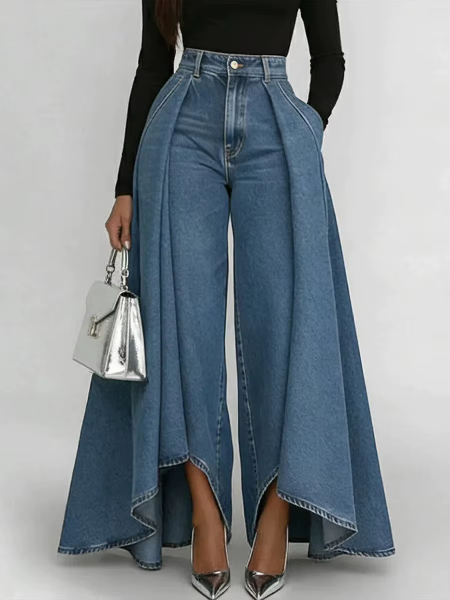 Culottes en jean taille haute tendance avec drapé latéral, coupe ample et large, style décontracté s