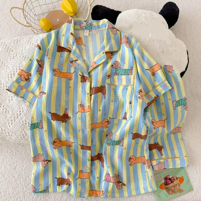 Pyjama Kawaii à rayures étoiles pour femmes, imprimé chien, mode Y2K, col à revers, nouvelle collect