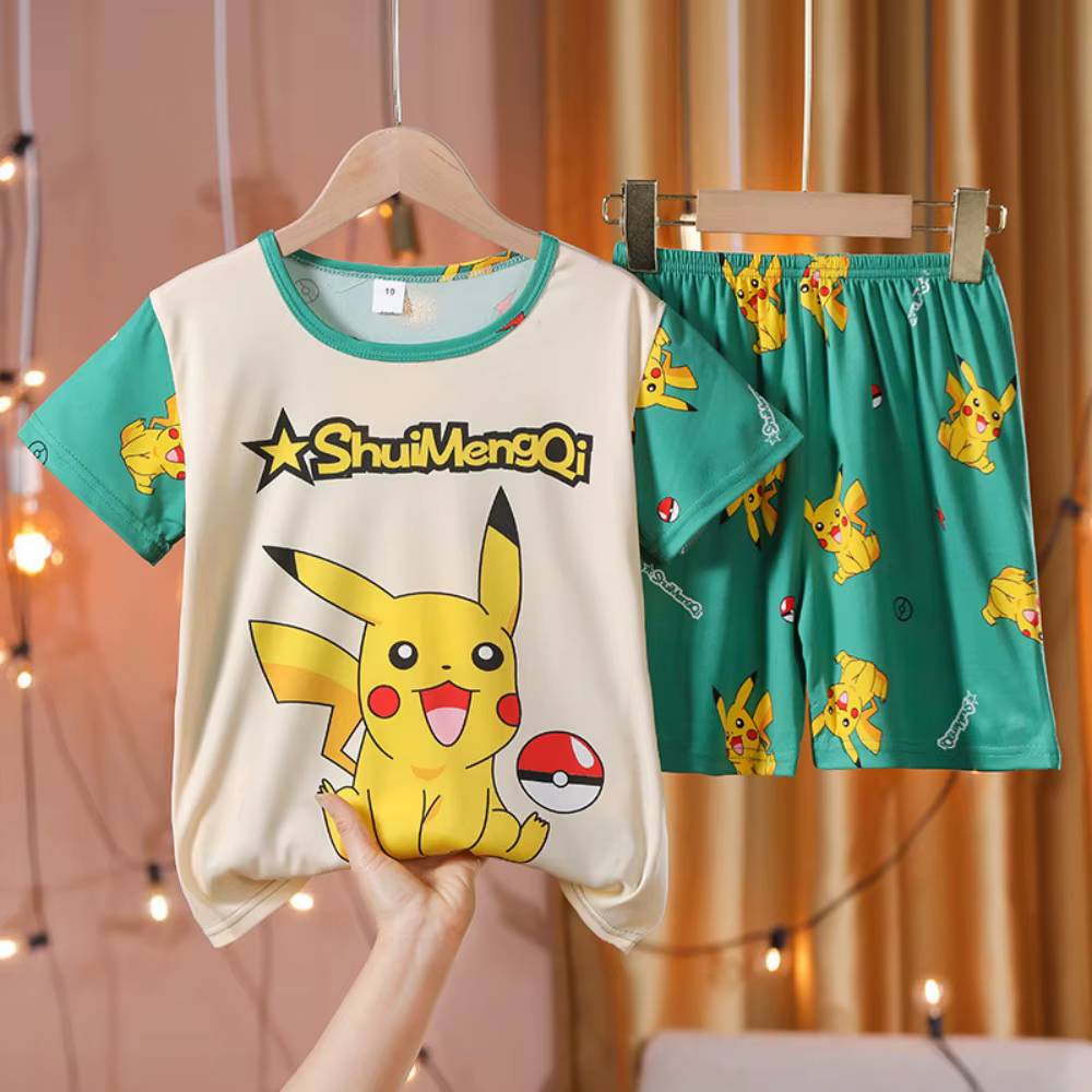 Ensemble pyjama Pikachu pour enfants, 2 pièces, pyjama pour garçons et filles, t-shirt à manches cou