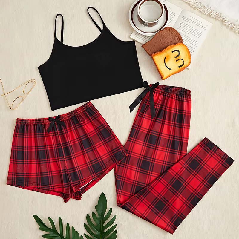 Ensemble de pyjama imprimé à carreaux pour femmes, vêtements de nuit de Noël, short camisole, vêteme