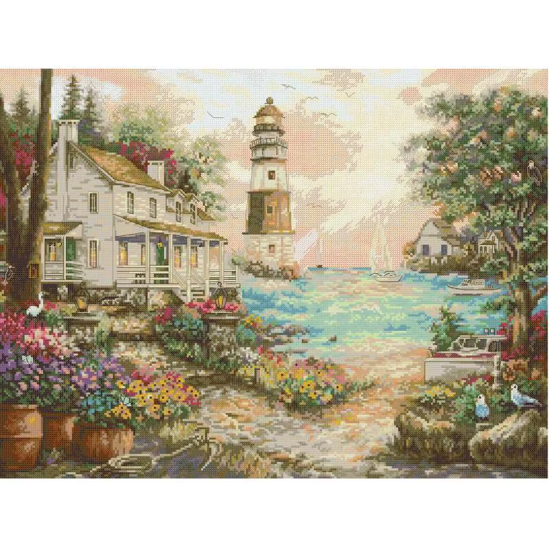 Cottage au bord de la mer phare paysage point de croix Kit 14 16 11CT toile blanche tissu imprimé br