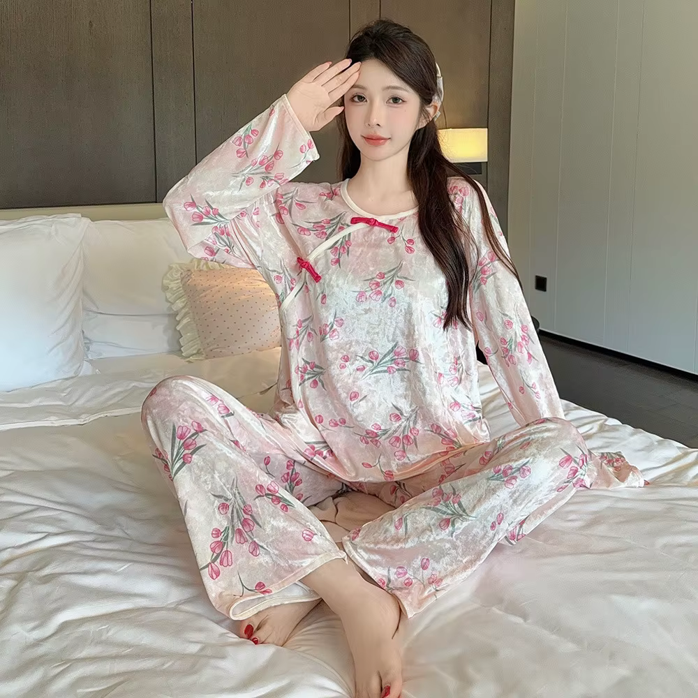 Pyjama en velours doré pour femme, vêtement d'extérieur chaud à manches longues, haut de gamme, nouv