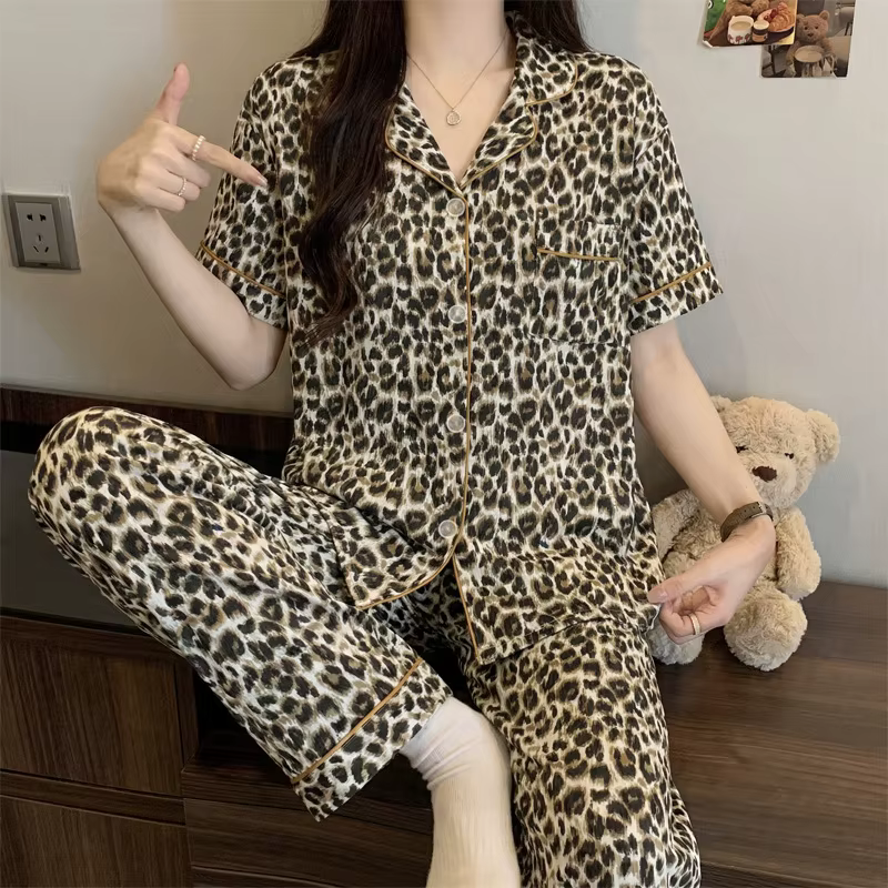 Pyjama doux à nœuds de style français pour femme : ensemble d'été à manches courtes et pantalon long