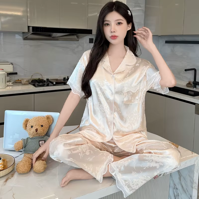 Nouvel ensemble de pyjama d'été en jacquard de soie glacée haut de gamme pour femme, manches courtes