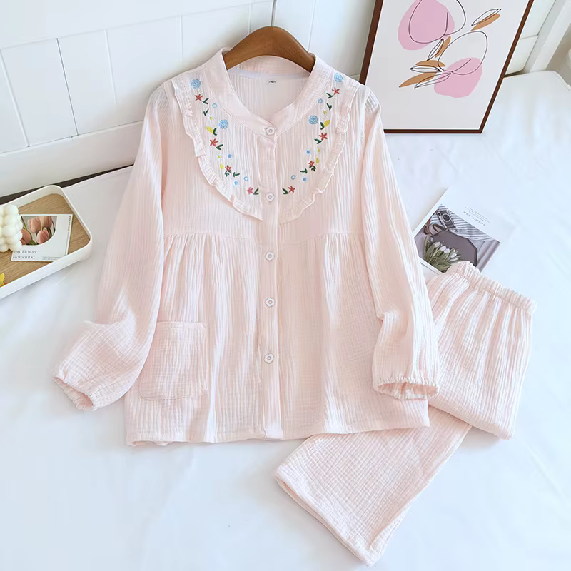 Nouvel ensemble de pyjamas d'été 2026 en pur coton pour femme, brodé et imprimé, tenue d'intérieur, 