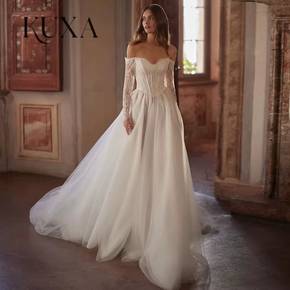 Robe de mariée corset sexy personnalisée KUXA, nouvelle arrivée, manches longues, décolleté cœur, pe