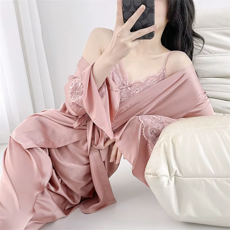 Ensemble de pyjama trois pièces pour femme, kimono en dentelle imprimée sexy, peignoir imbibé, vêtem