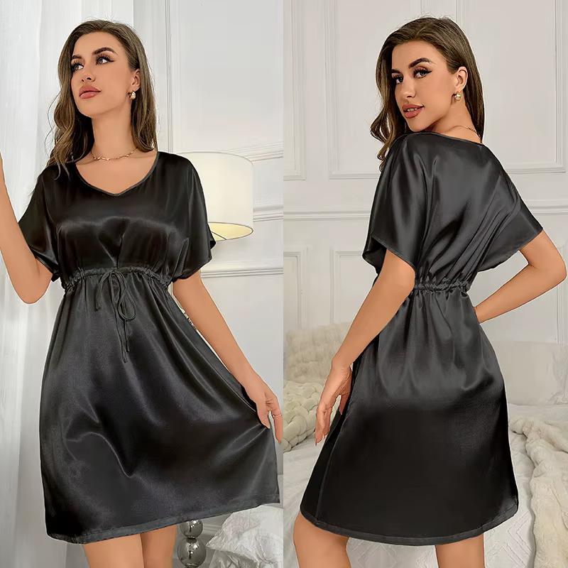 Chemise de nuit en satin soyeux pour femmes, chemise de nuit à col en V, vêtements de détente, robe 