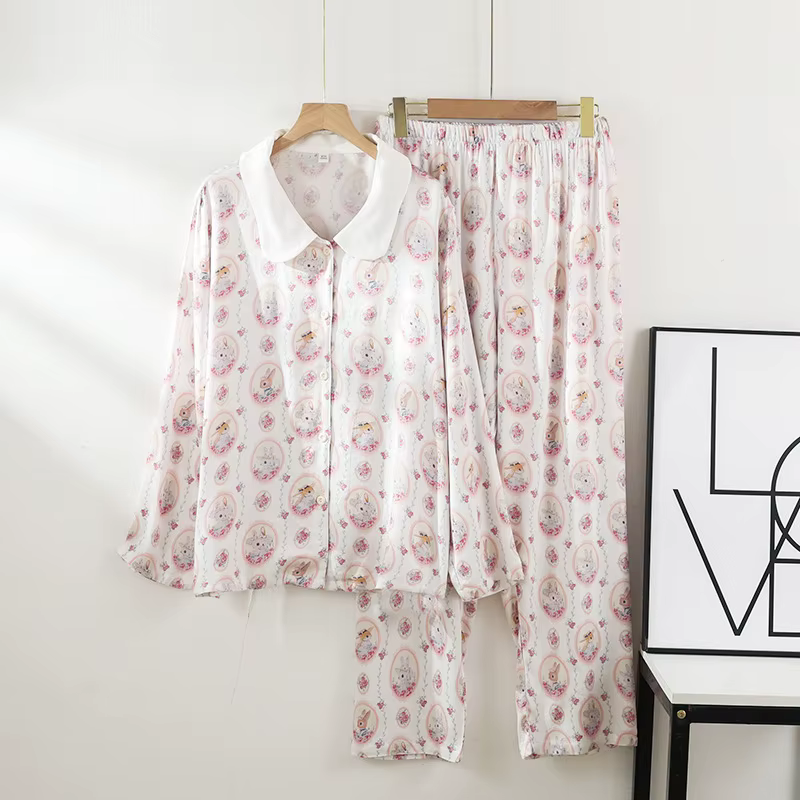 Pyjama Double gaze en coton 2025 pour femmes, col rabattu, vêtements de détente, pantalon fin à manc