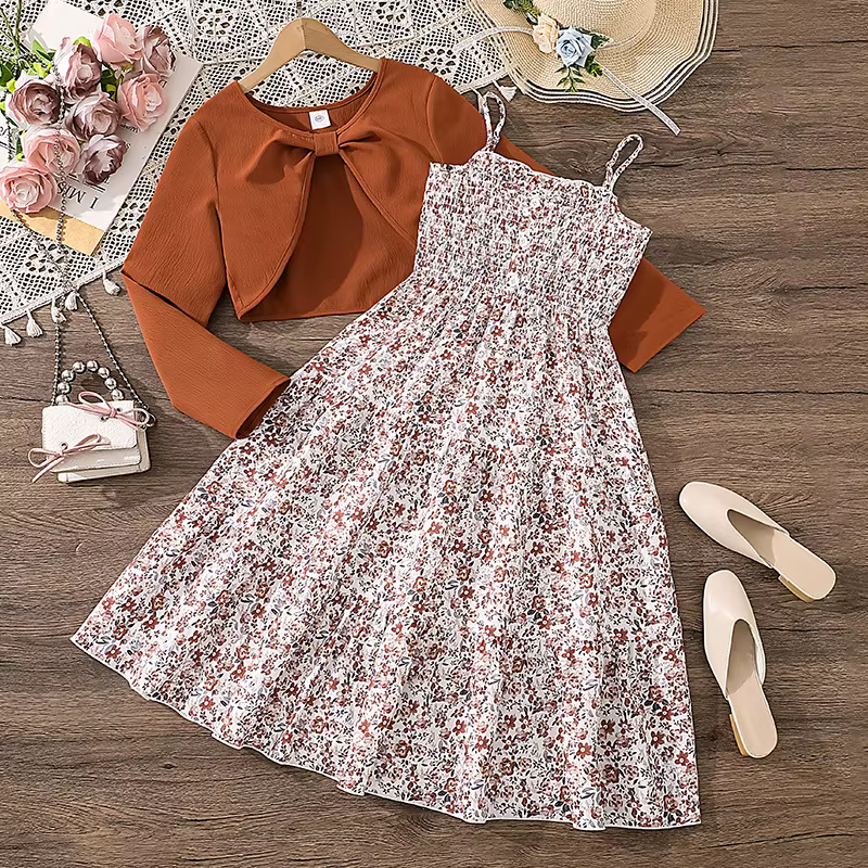 Robes pour adolescentes de 8 à 12 ans, haut à manches longues avec nœud torsadé et imprimé Floral, v