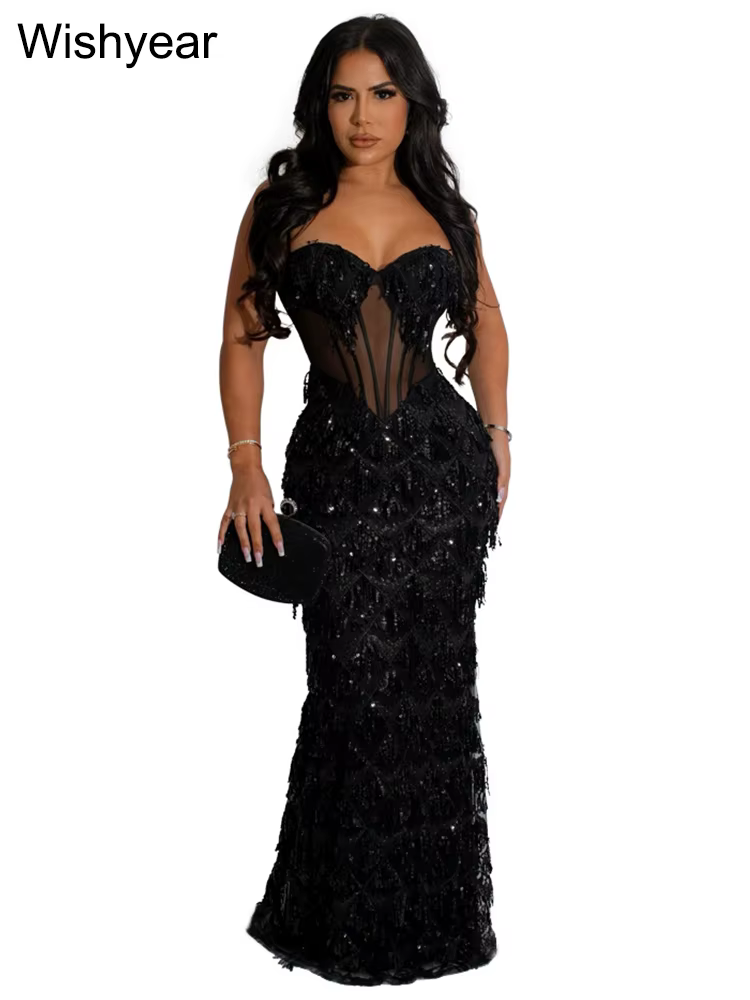 Wishyear-Robe de soirée à paillettes pour femmes, tunique en patchwork de maille spaghetti, tunique