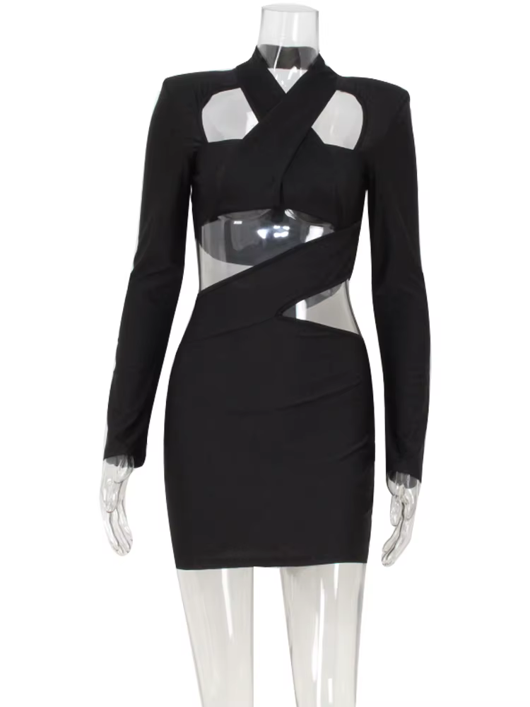 Ahagaga-Mini robe sexy club pour femme, col en V évidé, manches longues régulières, gaine de batteri