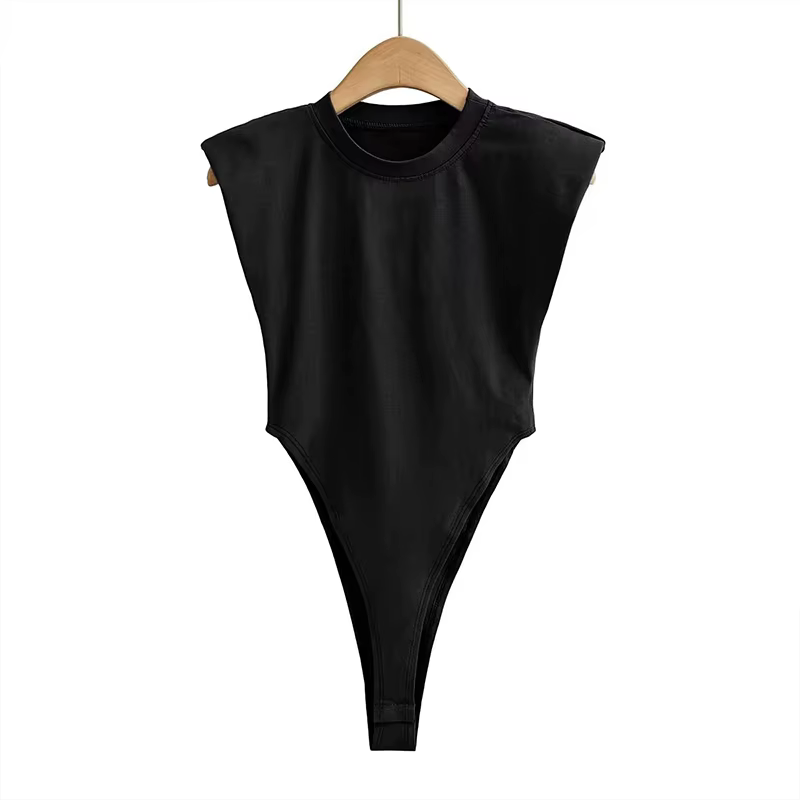 Hauts Sexy pour femmes, une pièce, moulante, épaule rembourrée, noir, sans manches, costumes pour fe
