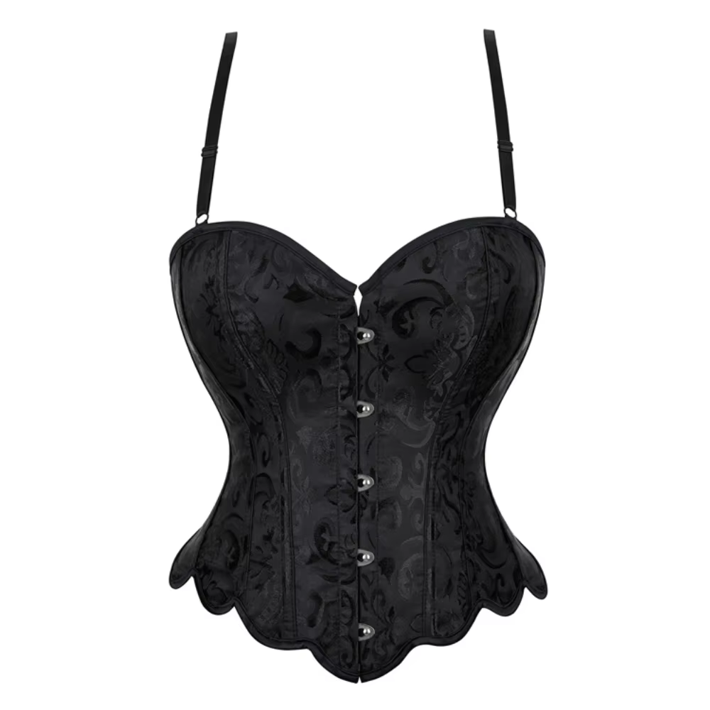 Corset bandeau en jacquard noir à motifs, avec fermeture avant et bretelles à nouer à l'arrière pour