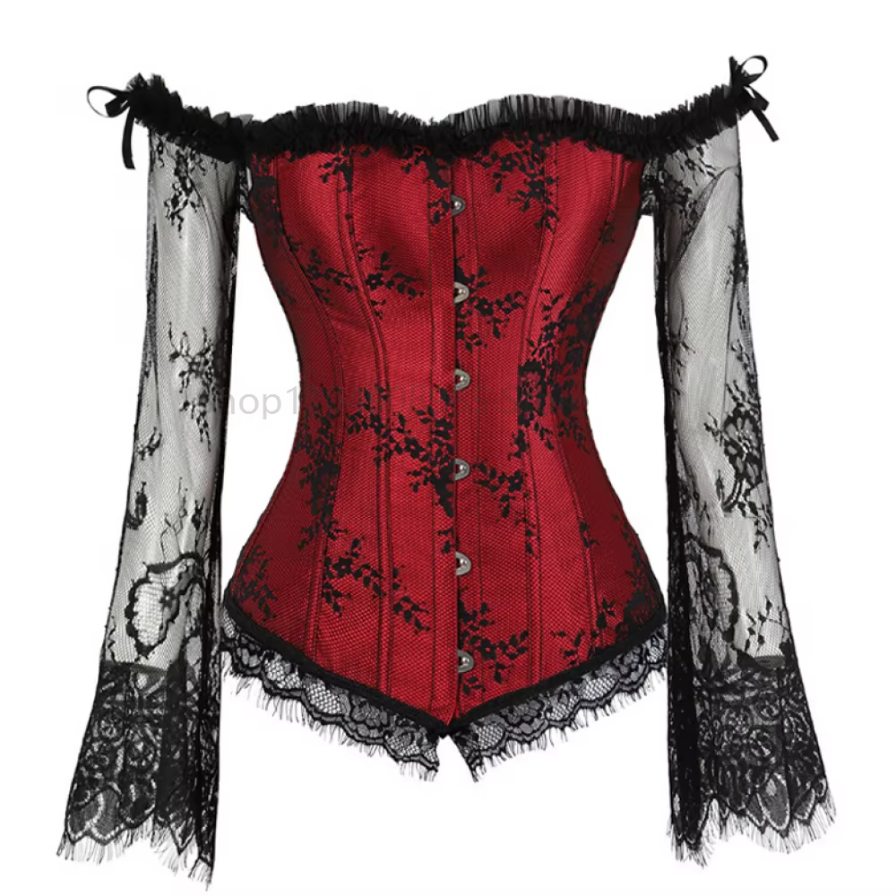 Corsets gothiques pour femmes, chemisier victorien, épaules dénudées, motif Floral, manches longues,