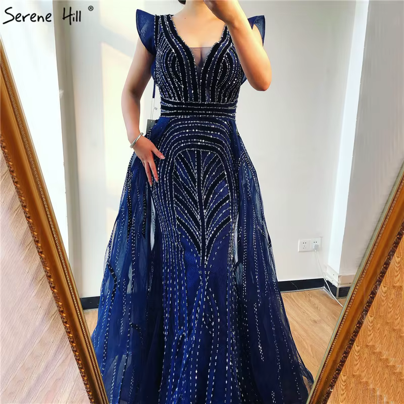 Dubaï bleu marine robes de soirée en V profond 2025 cristal luxe sirène Design grande taille LA70198