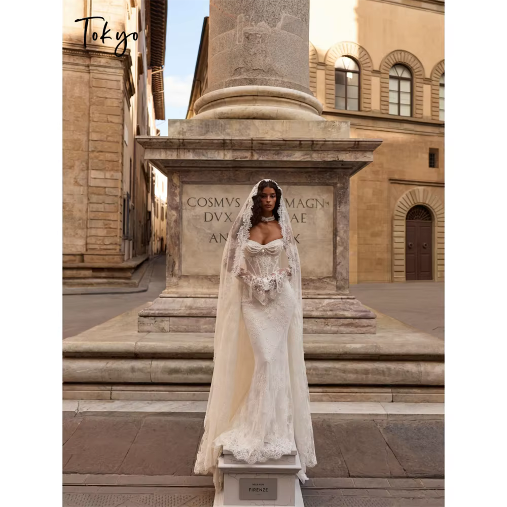 Robe de mariée sirène Tokyo, style corset, coupe trompette, vintage de luxe, avec voile, pour cérémo