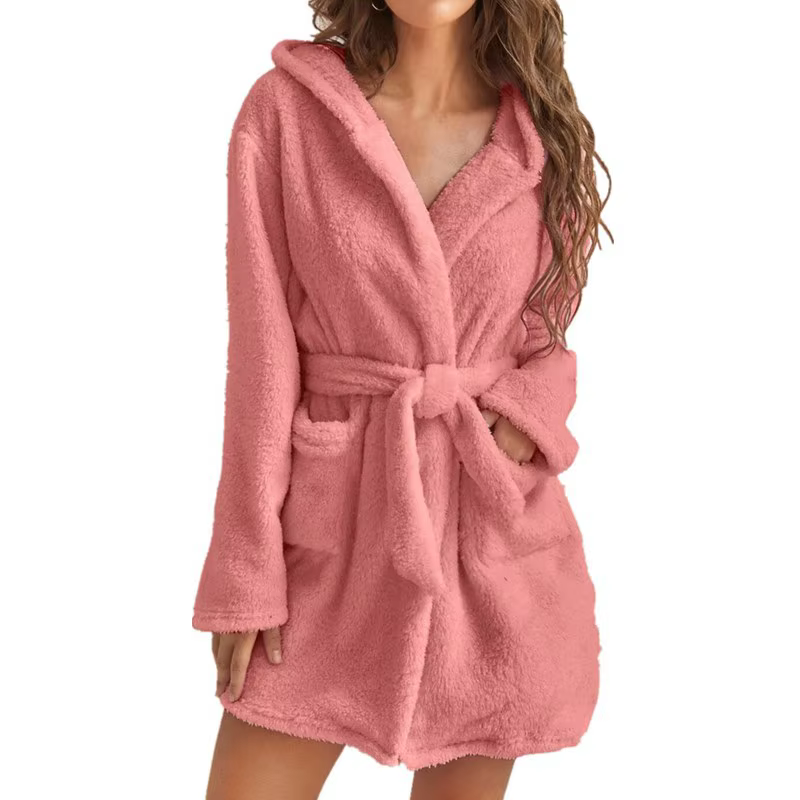 Hiver femmes Robe de bain moelleux en peluche pyjamas dames Sexy à capuche Robe de couleur unie chau