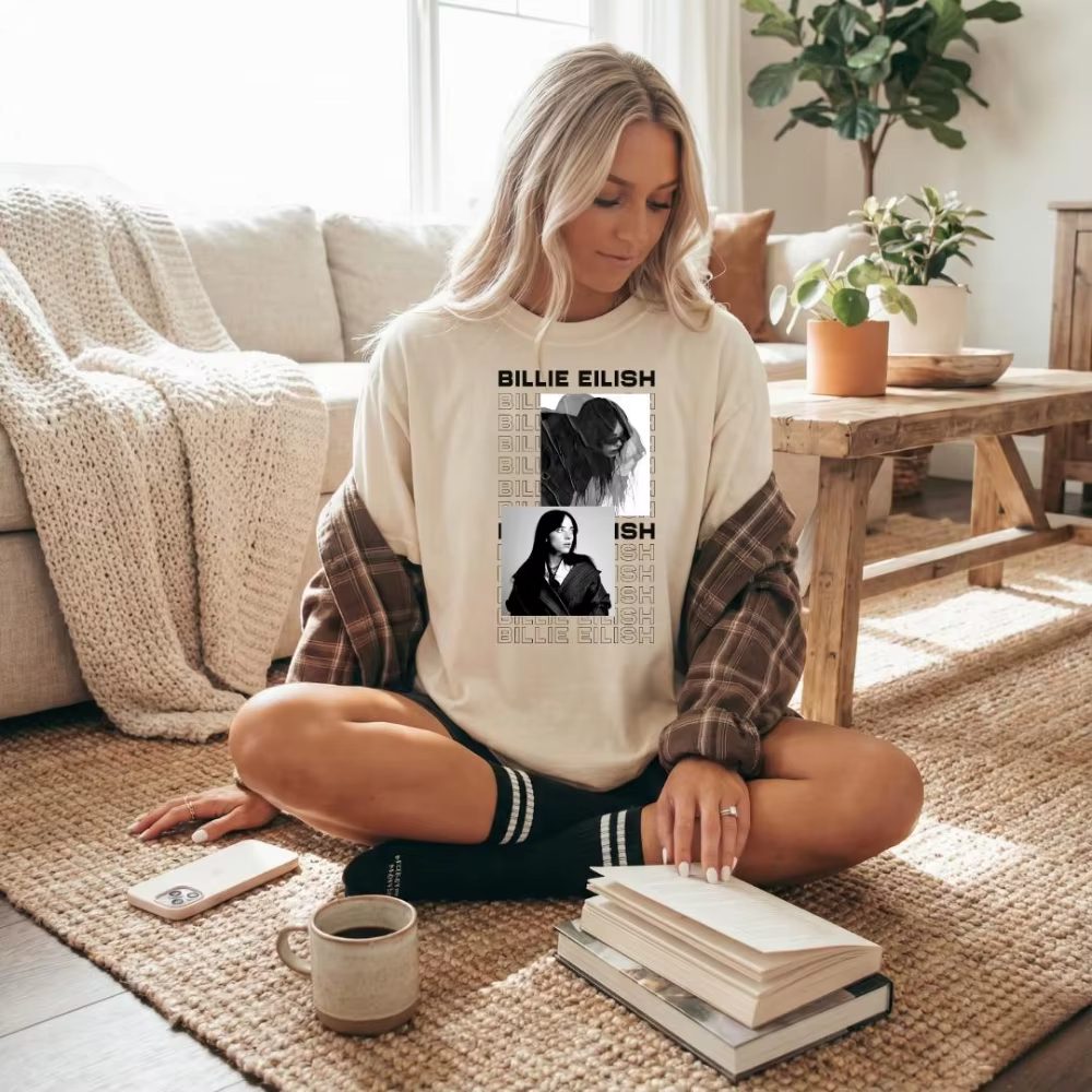Billie Eilish thème graphique rétro fan de musique T-shirt unisexe chemise pur coton toutes saisons