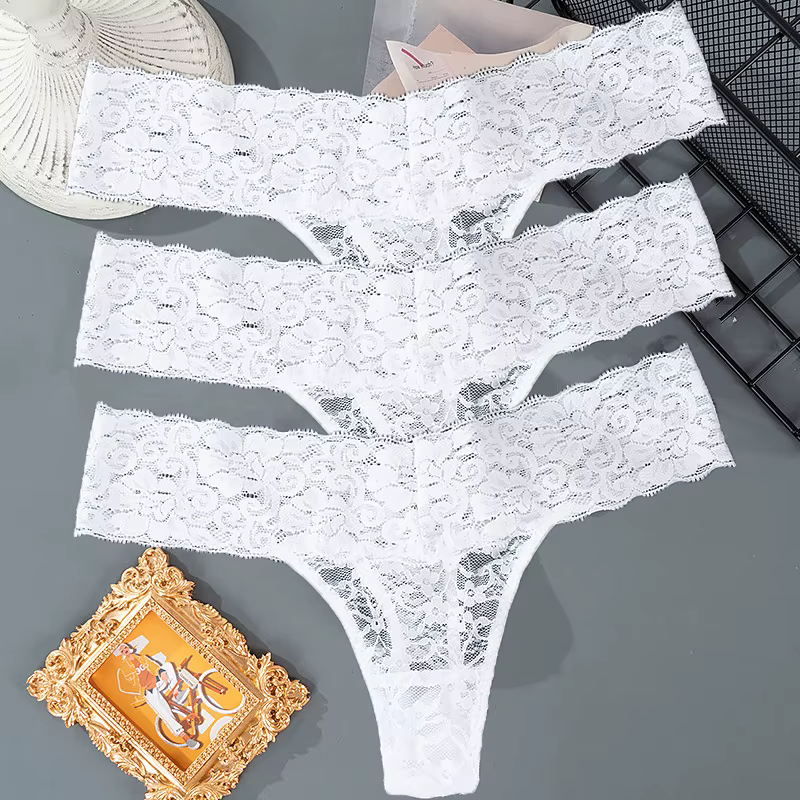 Lot de 3 Culottes Fines en Dentelle Florale pour Femme, Taille Basse, Respirantes, Strings Féminins,