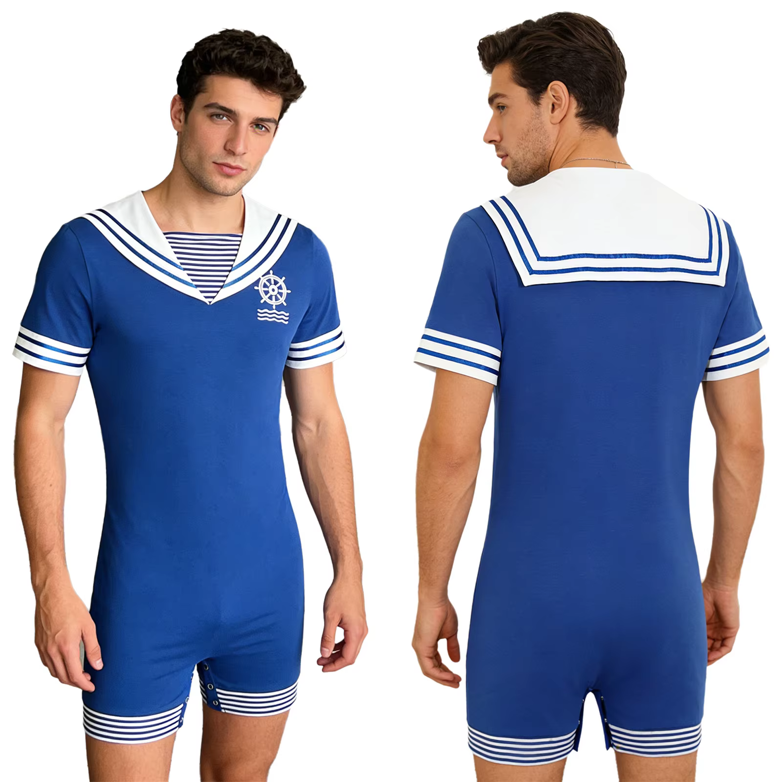 Pyjama style marin pour hommes adultes, combinaison à col marin, manches courtes, extensible, confor