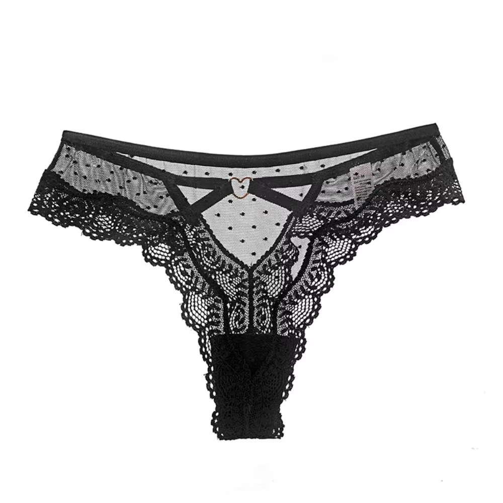 Culotte string taille basse en dentelle ajourée pour femme, motif à pois, en maille transparente