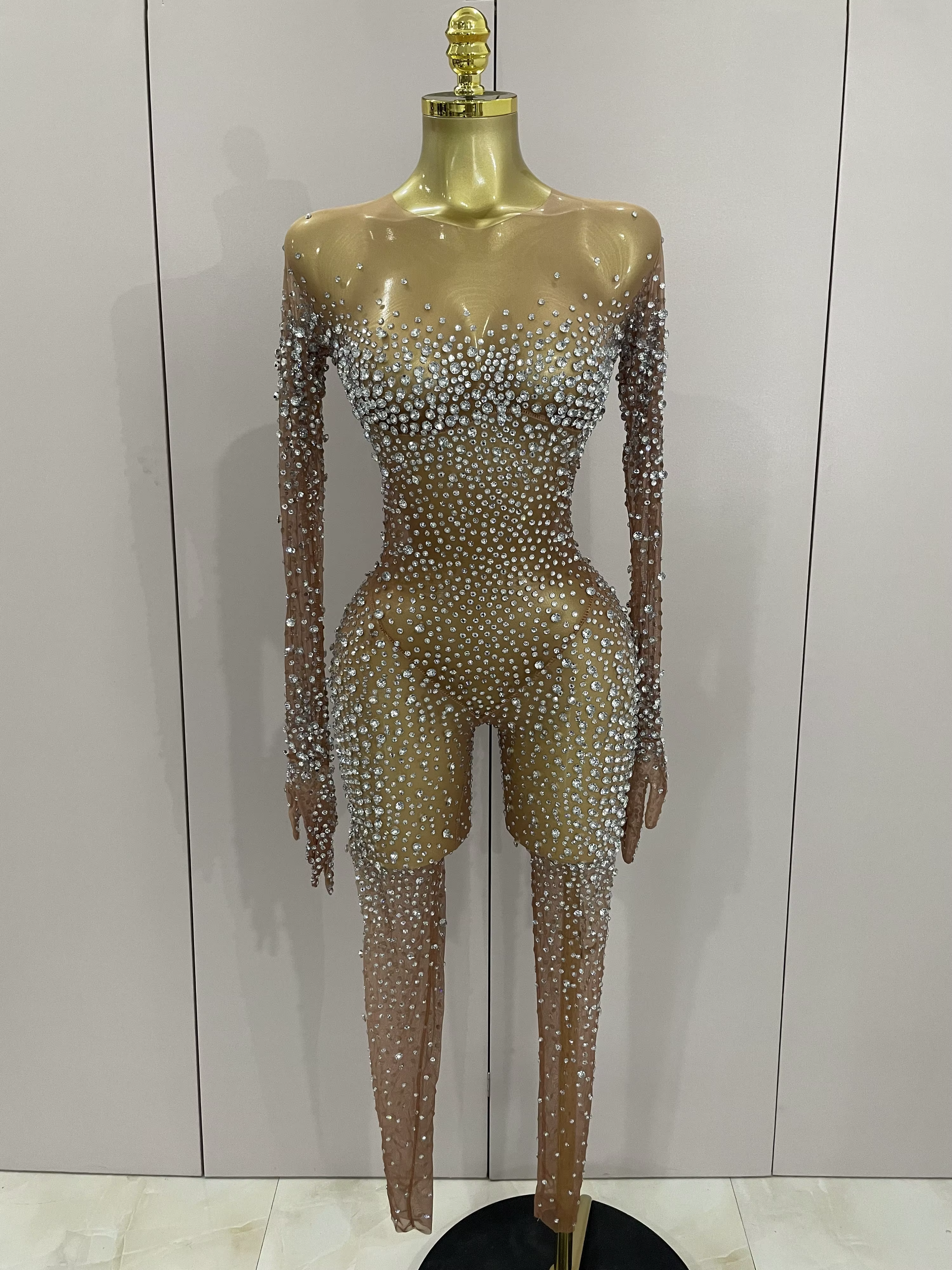 Combinaison de luxe en maille transparente pour femmes, strass scintillants, Sexy, moulante, robe d'