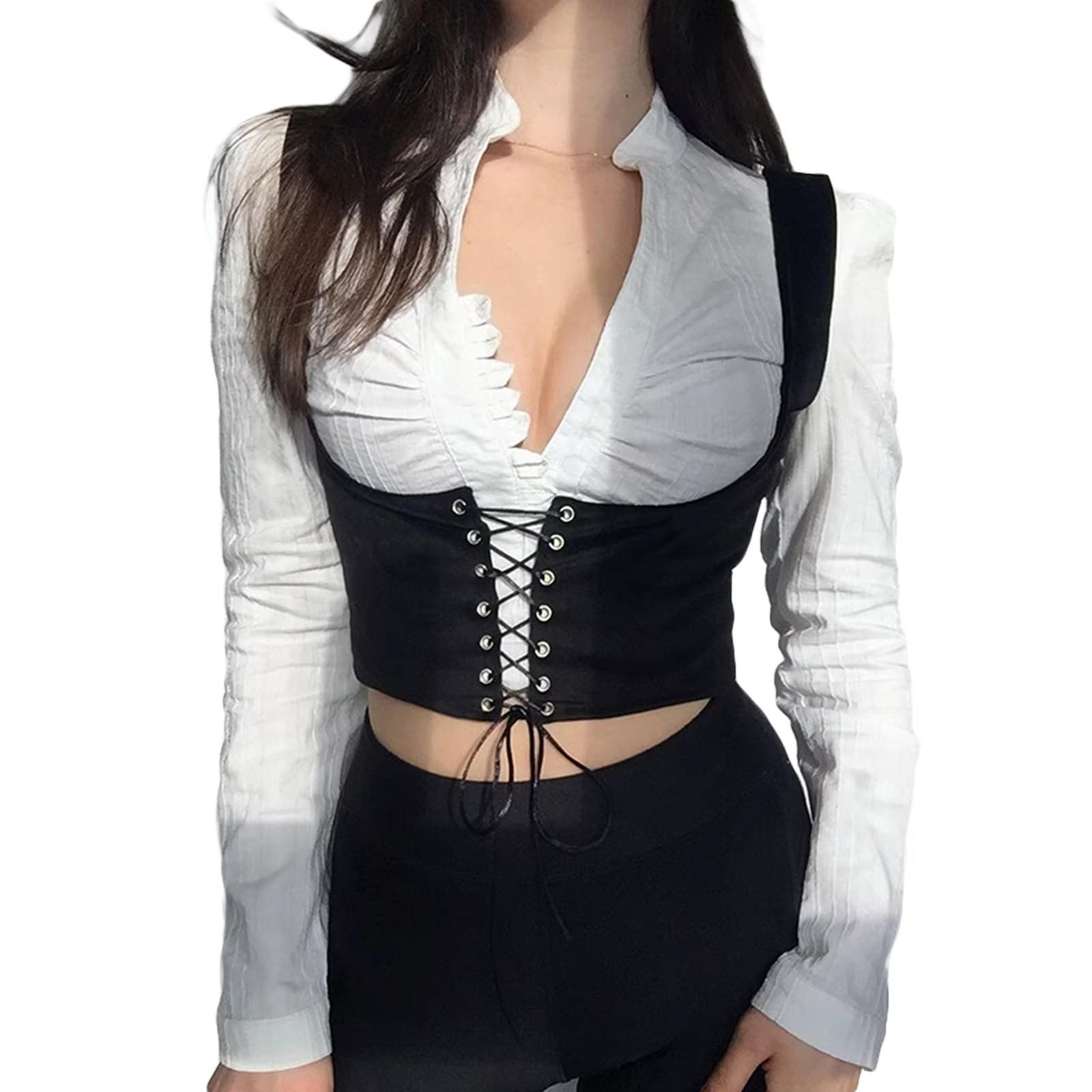 Femmes Corset Bustier haut court à lacets pansement noir gothique en cuir sous le buste jarretelle C