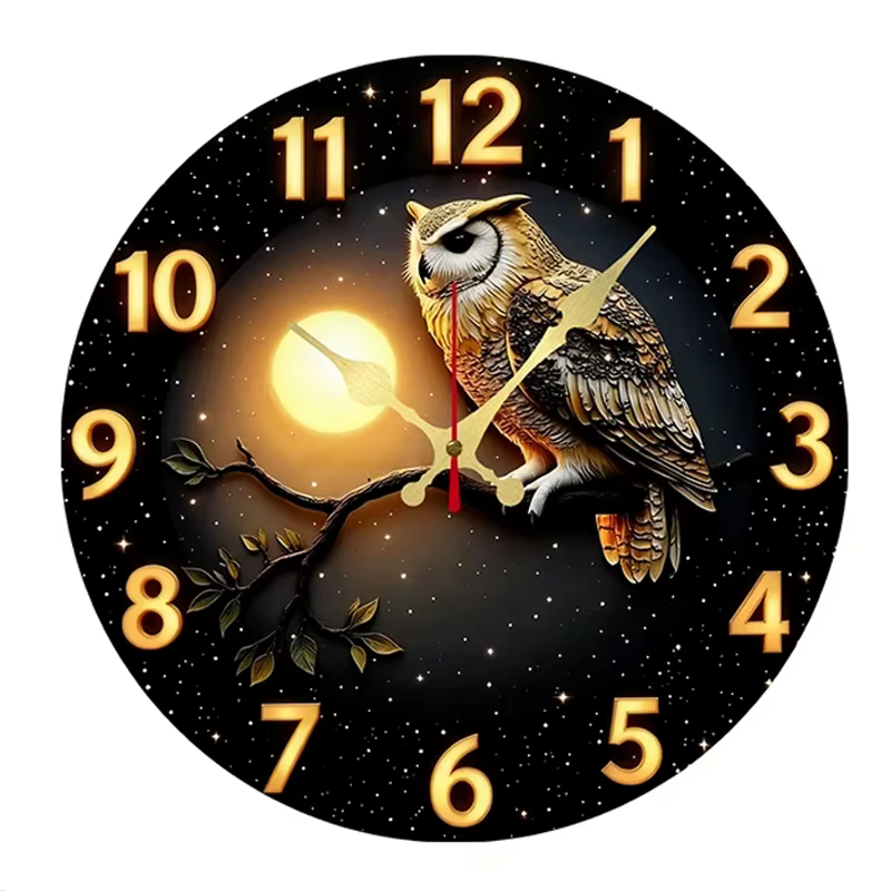 Lunaire nuit hibou en bois rond silencieux horloge murale artisanat décor pointeur horloges suspendu