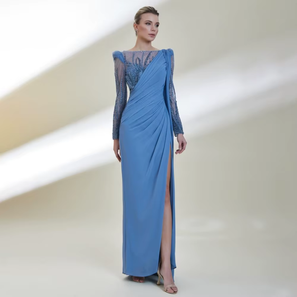 Robe de Soirée de Luxe pour Femme, Tenue de Sirène, Bleu Clair, Perles, Col Bateau, Fente Latérale,