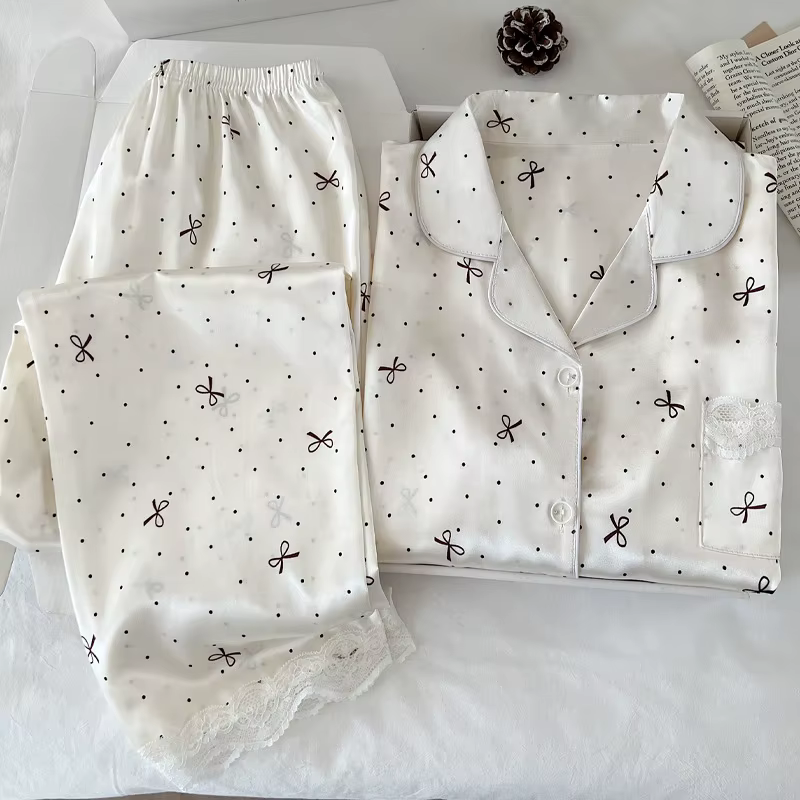 Nouveau Style coréen élégant jeunes dames pyjamas été nouveauté à manches courtes à pois nœud glace 