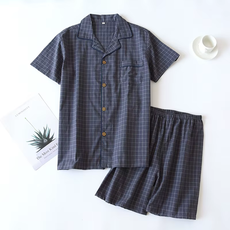 Pyjama d'été fin à manches courtes pour hommes, Short en coton délavé, Simple, à carreaux japonais, 