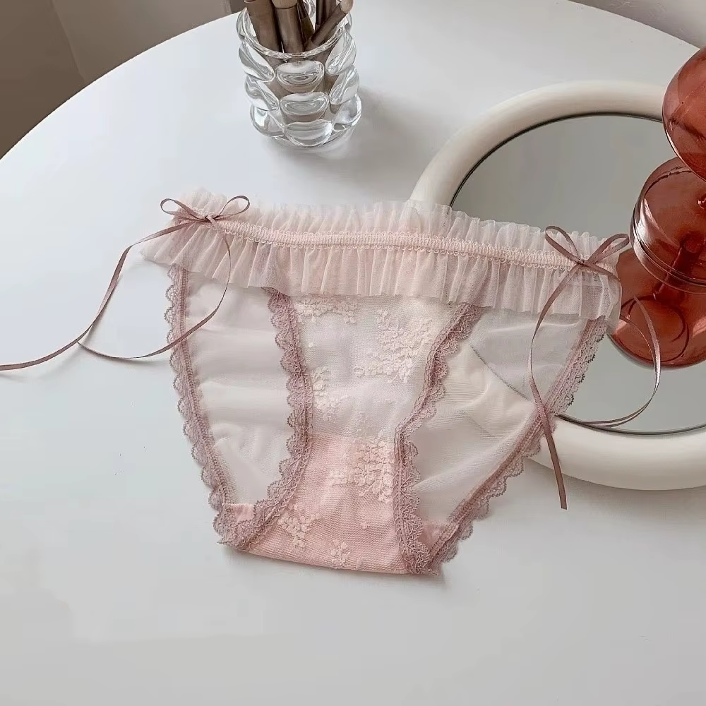 Culotte en dentelle taille moyenne à volants et nœud en maille transparente pour femme et jeune fill